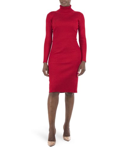 Nina Leonard Turtleneck Ribbed Midi Sweater Dress - Red