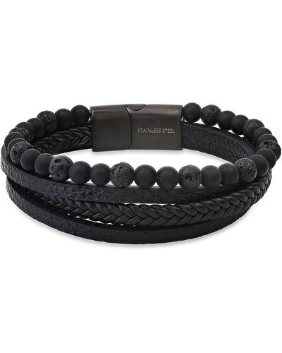 HMY Jewelry Mens' Multi-strand Bead & Braided Leather Bracelet - Black