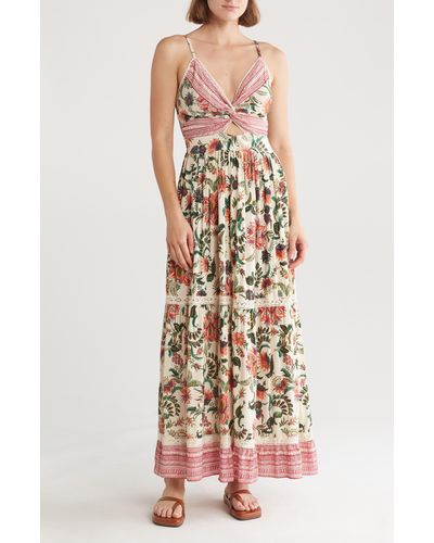 Angie Floral Tiered Twist Front Maxi Dress - White