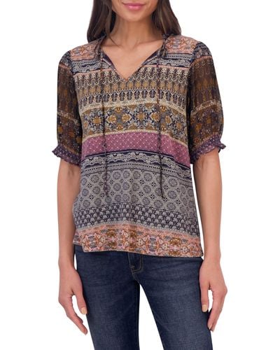 Lucky Brand Square Neck Mixed Media Top In Heather