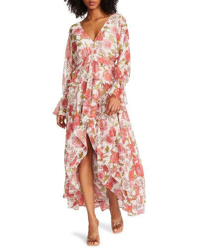Steve Madden Sol Floral Long Sleeve High-low Maxi Dress - Red