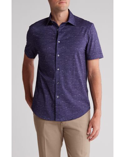 Bugatchi Miles Ooohcotton® Heathered Short Sleeve Button-up Shirt - Blue