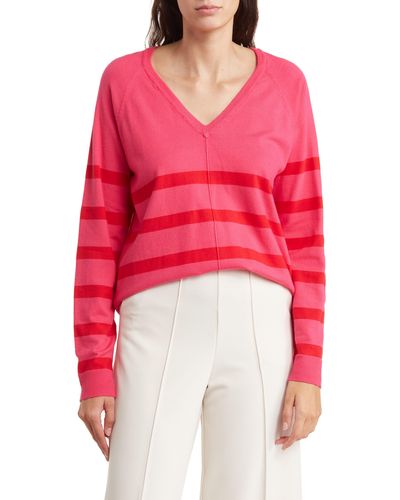 Bobeau Stripe V-neck Pullover Sweater - Red