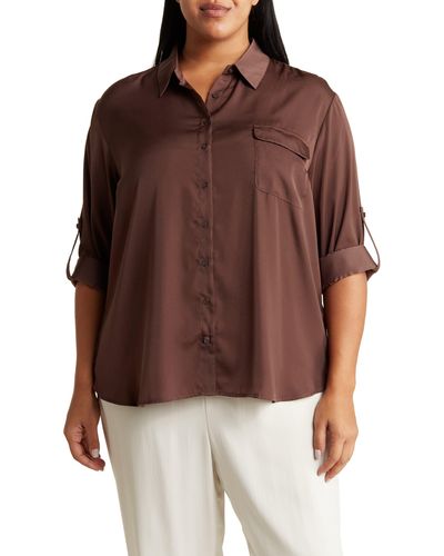Pleione Satin Long Sleeve Button-up Utility Shirt - Brown