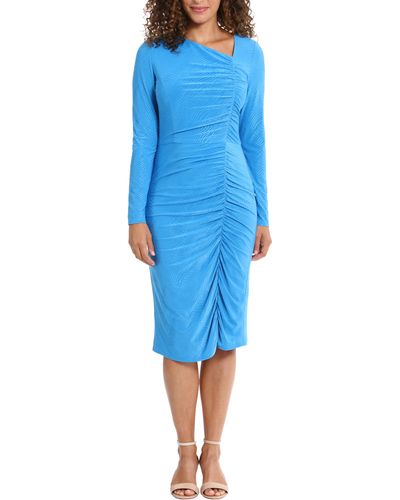 London Times Long Sleeve Ruched Midi Dress - Blue