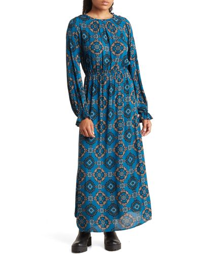 Bobeau Floral Print Ruffle Long Sleeve Ankle Length Dress - Blue