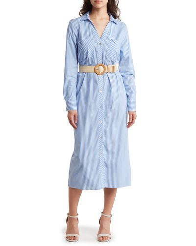 Ellen Tracy Stripe Long Sleeve Belted Shirtdress - Blue