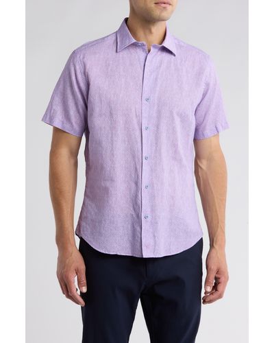 David Donahue Regular Fit Dot Print Short Sleeve Button-up Shirt - Purple