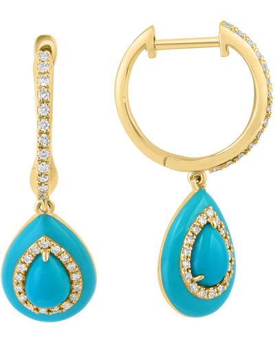 Effy 14k Yellow Gold Diamond & Turquoise Teardrop Huggie Hoop Earrings - Blue