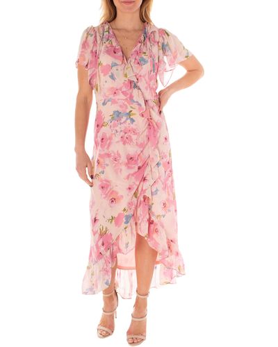 Taylor Dresses Floral Flutter Sleeve Ruffle Maxi Dress - Pink
