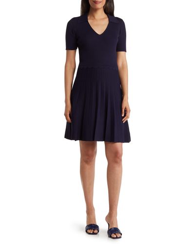 Eliza J Johnny Collar Short Sleeve Fit & Flare Dress - Blue