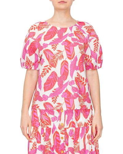 MELLODAY Tropical Print Puff Sleeve Top - Pink