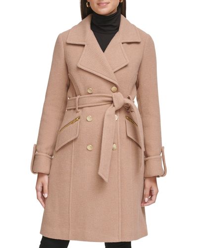 Guess Double Breasted Belted Wool Blend Coat - Brown