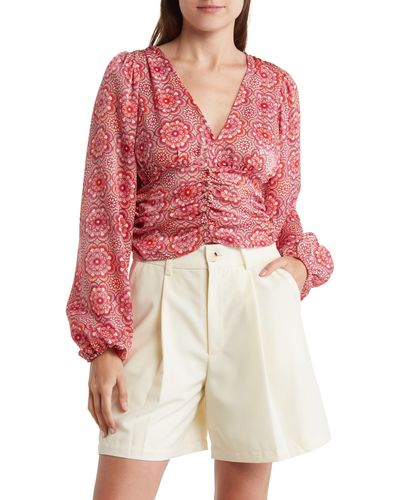 BCBGeneration Floral Long Sleeve Crop Blouse - Red