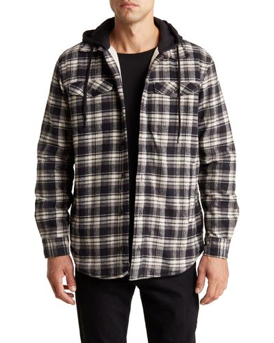 Rainforest Plaid Flannel Faux Shearling Lined Hooded Shirt Jacket - Black