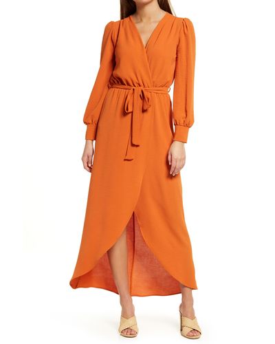 Fraiche By J Wrap Front Long Sleeve Dress - Orange