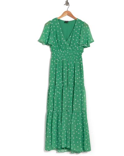 Gabby Skye Polka Dot Short Sleeve Tiered Chiffon Maxi Dress - Green