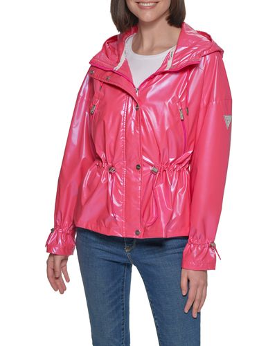 Guess Hooded Holographic Anorak Rain Coat - Red