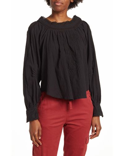 Forgotten Grace Embroidered Peasant Square Neck Top - Black