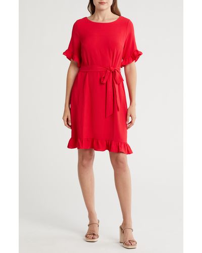 Tahari Ruffle Sleeve Side Tie Dress - Red
