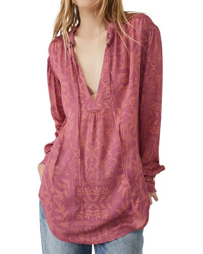 Free People Mia Floral Print Tie Neck Tunic Top - Red