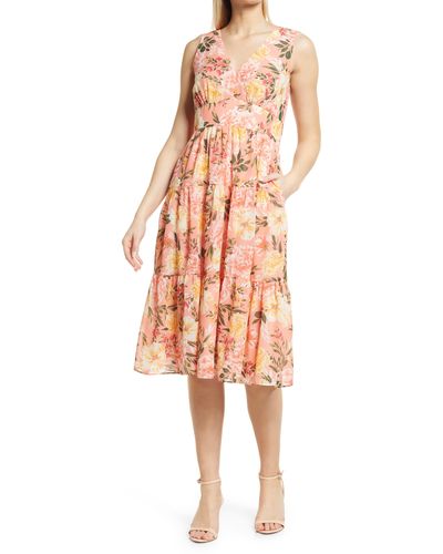 Vince Camuto Floral Sleeveless Tiered Ruffle Midi Dress - Pink