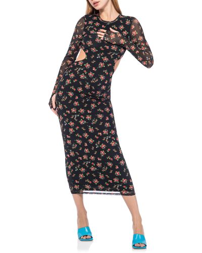 AFRM Janet Floral Cutout Long Sleeve Mesh Midi Dress - Black