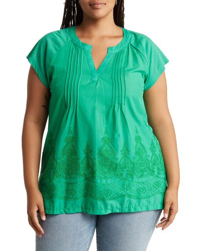 Forgotten Grace Pleated Embroidered Cotton Tunic Top - Green