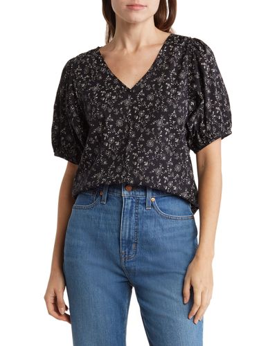 Madewell Puff Sleeve V-neck Cotton Top - Black