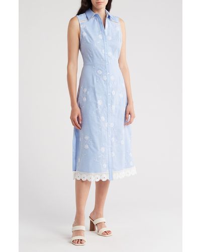 Rachel Parcell Floral Embroidered Sleeveless Midi Shirtdress - Blue
