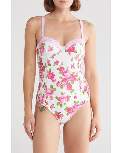 Betsey Johnson Smocked Corset One-piece Swimsuit - Pink