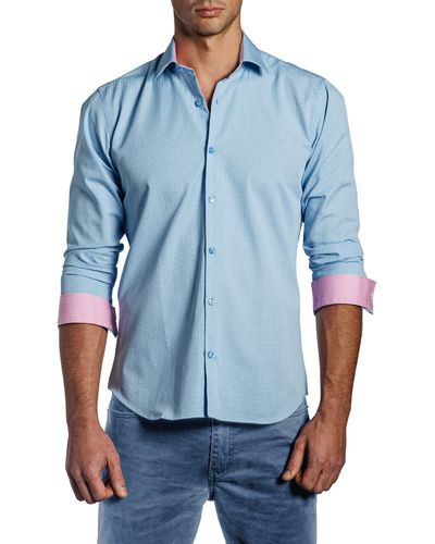 Jared Lang Trim Fit Textured Long Sleeve Button-up Cotton Shirt - Blue