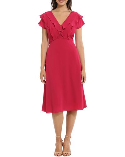 London Times Ruffle Fit & Flare Dress - Red