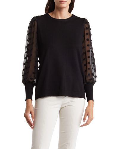 Adrianna Papell Mixed Media Sheer Sleeve Sweater - Black