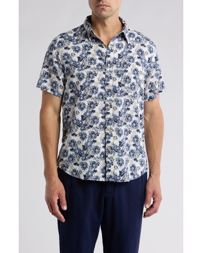 Lucky Brand Printed Short Sleeve Linen Blend Button-up Shirt - Blue