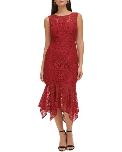 Kensie Floral Lace Asymmetric Dress - Red