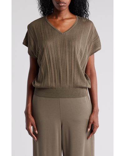 Adrianna Papell V-neck Vertical Rib Sweater - Brown