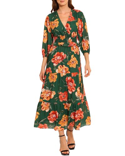 Maggy London Floral 3/4 Sleeve Tiered Maxi Dress - Multicolor