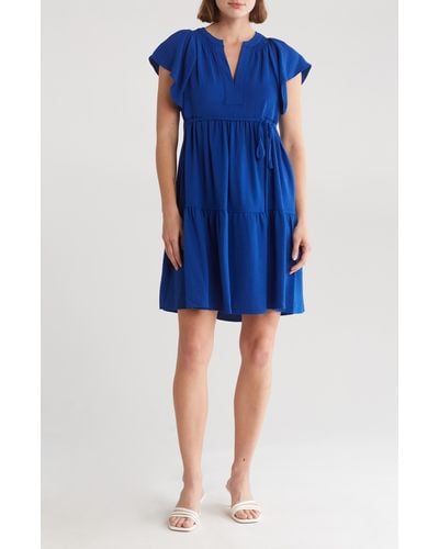 Calvin Klein Aerowash Split Neck Tiered Dress - Blue