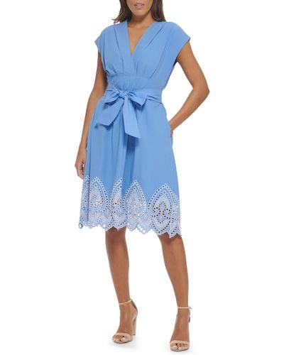 Kensie Embroidered Pleat Tie Waist Dress - Blue