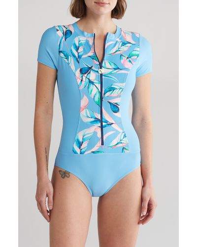 Blue Swimsuit with Zipper Short Sleeves - One Piece