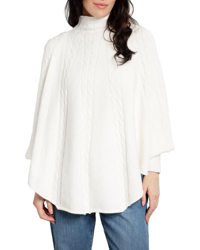 Saachi Batwing Sleeve Cable Knit Poncho Sweater - White