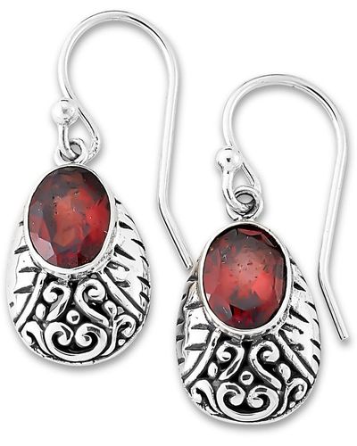Samuel B. Sterling Silver Oval Garnet Bali Design Drop Earrings - Red