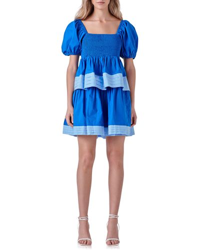 English Factory Puff Sleeve Smocked Tiered Babydoll Dress - Blue