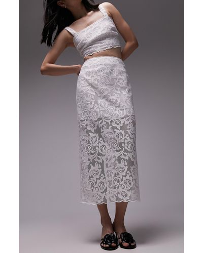 TOPSHOP Premium Lace Detail Midi Skirt - Gray