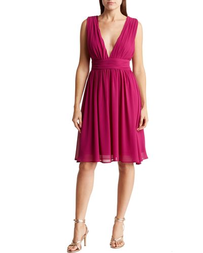 Love By Design Melissa Plunge Neck Chiffon Fit & Flare Dress - Red