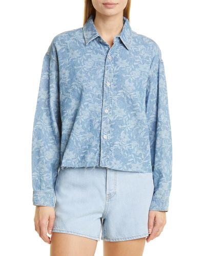 Rag & Bone Floral Oversize Crop Denim Shirt - Blue