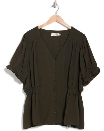 Everleigh Button Front Short Puff Sleeve Blouse In Olive At Nordstrom Rack - Green