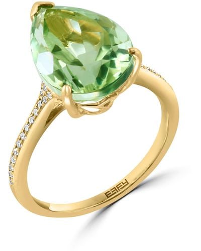 Effy 14k Yellow Gold Pear Cut Green Amethyst Diamond Band Ring - Blue