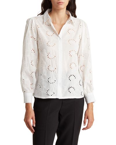 LIV Embroidered Cotton Eyelet Button-up Shirt - White